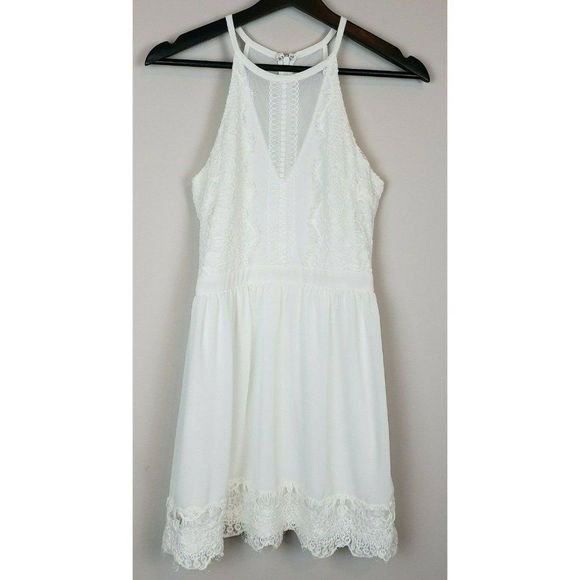 Francesca's White Lace Mesh High Neck Mini Dress Formal Lined XS EUC - Picture 1 of 5